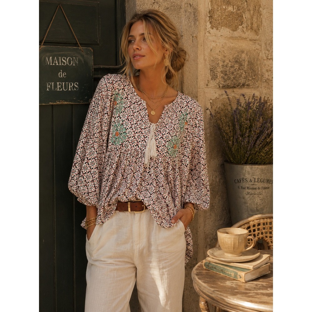 Umgee Boho Embroidered Peasant‎ Blouse Cream Red Floral Tassel Top A1683 Small